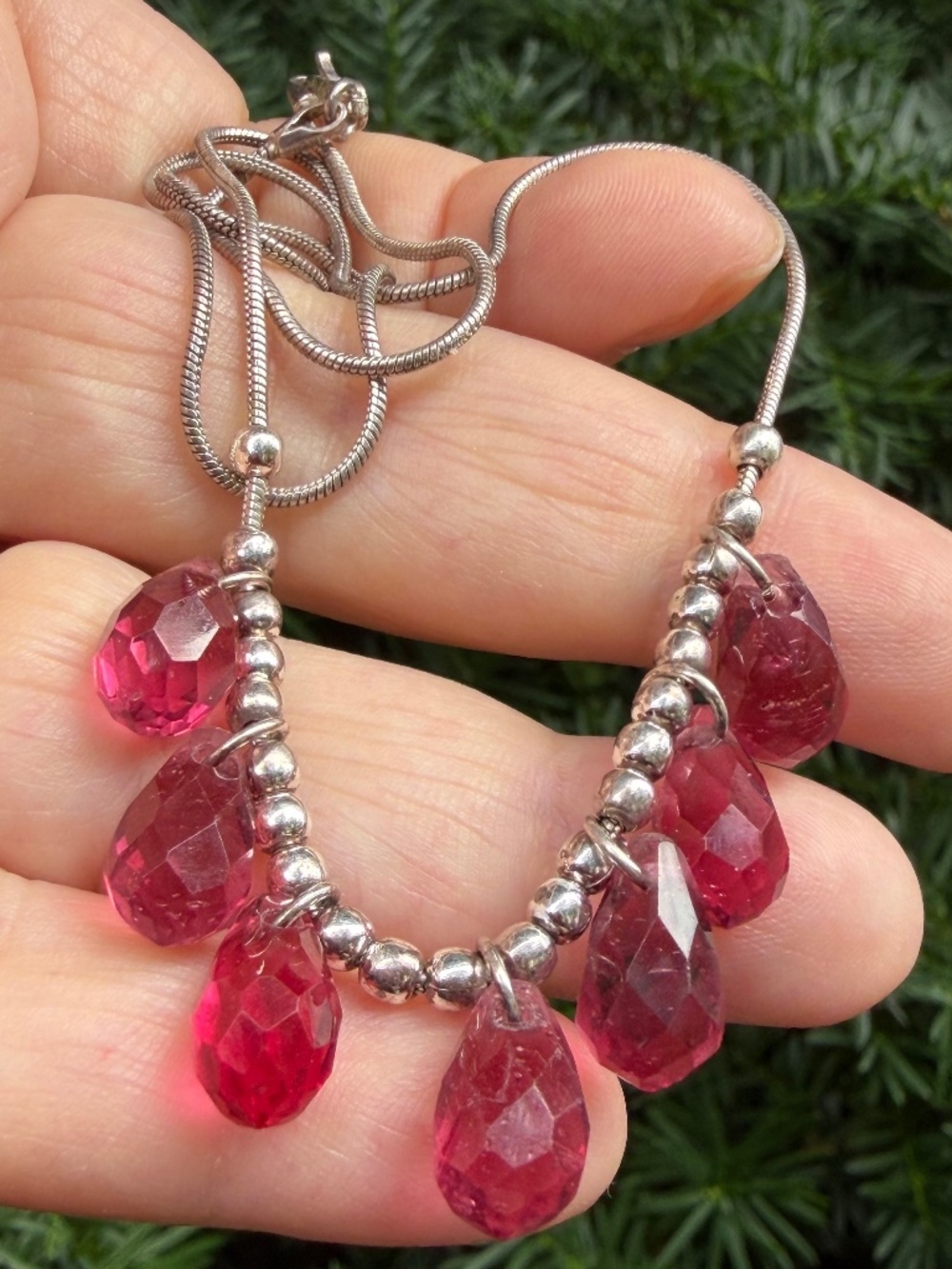 VINTAGE FACETED BRIOLETTE PINK GLASS BEADS CHOCKER NECKLACE SNAKE CHAIN 925 SS